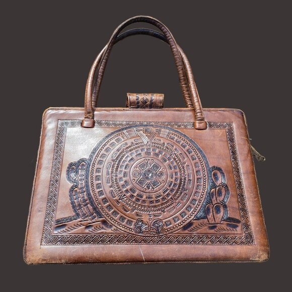 Vintage 70s Mexican Mayan Tooled Leather Handbag Shoulder Bag  Brown Top Handles - Picture 5 of 12